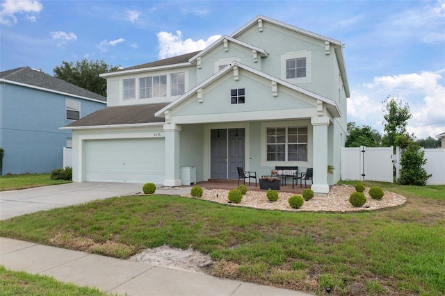 4215 Maplehurst Way, Spring Hill, FL 34609 - traditional home with covered porch, a garage, a gate, driveway, and stucco siding