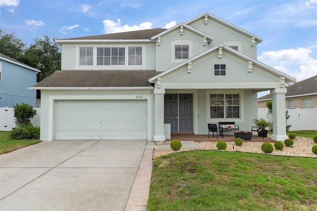 4215 Maplehurst Way, Spring Hill, FL 34609 - traditional home featuring stucco siding, a garage, concrete driveway, a porch, and roof with shingles