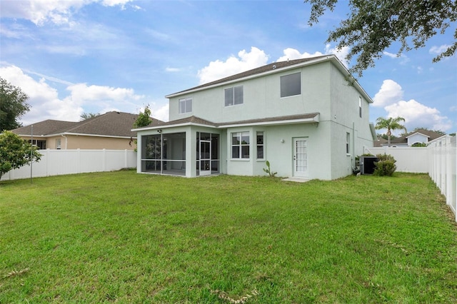 4215 Maplehurst Way, Spring Hill, FL 34609 - back of house featuring central air condition unit, stucco siding, and a sunroom