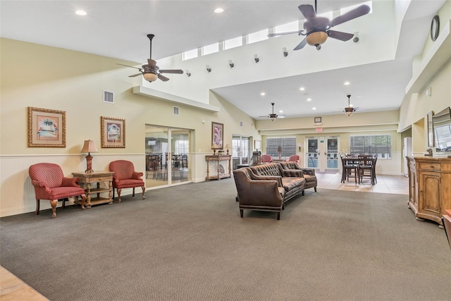 4215 Maplehurst Way, Spring Hill, FL 34609 - carpeted living area with a ceiling fan, recessed lighting, a high ceiling, french doors, and baseboards