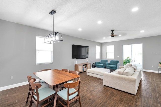 7523 Tangle Brook Blvd, Gibsonton, FL 33534 - dining space featuring recessed lighting, baseboards, a ceiling fan, dark wood finished floors, and a textured ceiling