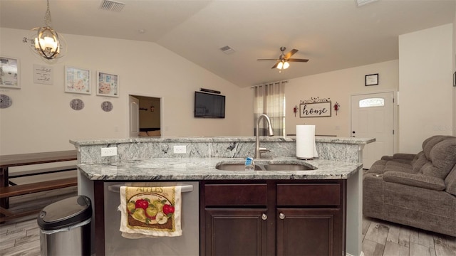 12458 Fish Cove Dr, Spring Hill, FL 34609 - kitchen with open floor plan, a sink, light wood-type flooring, vaulted ceiling, and ceiling fan