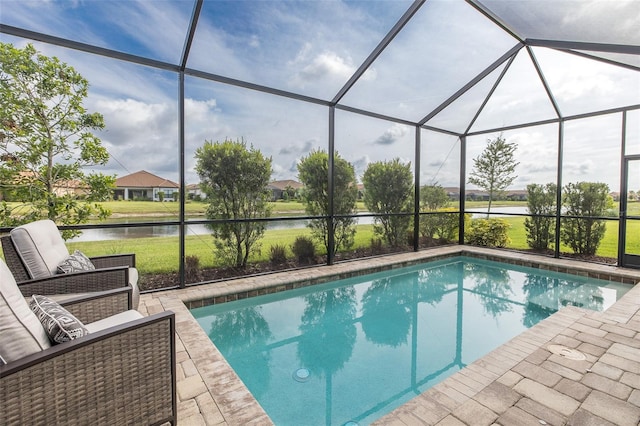 3051 Francoa Dr, Odessa, FL 33556 - swimming pool with a water view, glass enclosure, a patio, and a yard