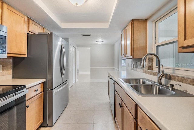 4468 Rudder Way, New Port Richey, FL 34652 - kitchen with a tray ceiling, stainless steel appliances, decorative backsplash, baseboards, and a sink