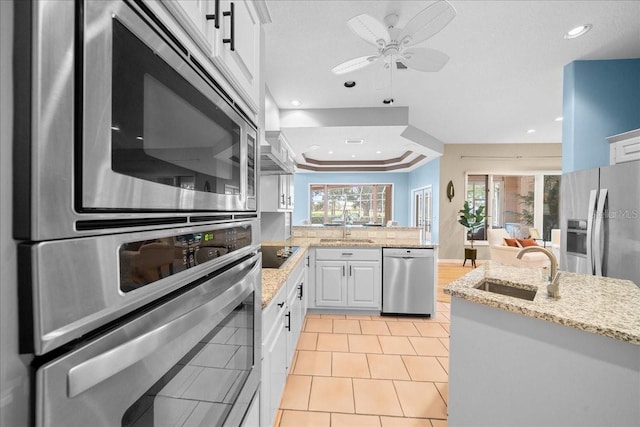 10044 Twelve Oaks Ct, Weeki Wachee, FL 34613 - kitchen featuring stainless steel appliances, a sink, a raised ceiling, white cabinets, and recessed lighting
