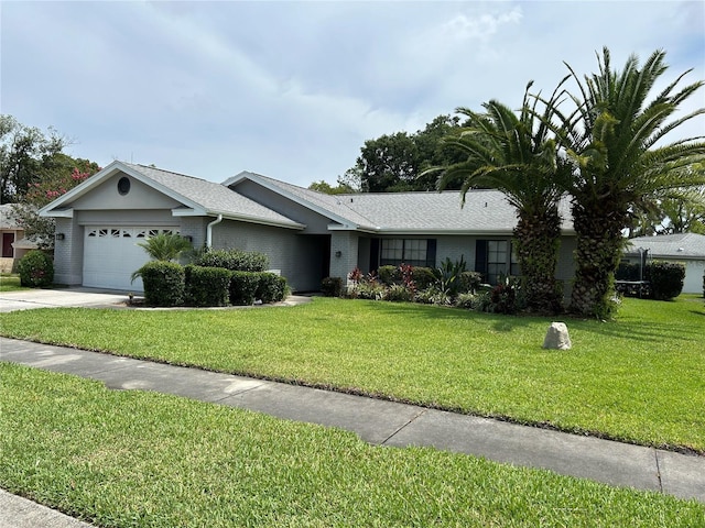 13316 Brigham Ln, Hudson, FL 34667 - ranch-style house featuring an attached garage, a front yard, driveway, brick siding, and a shingled roof