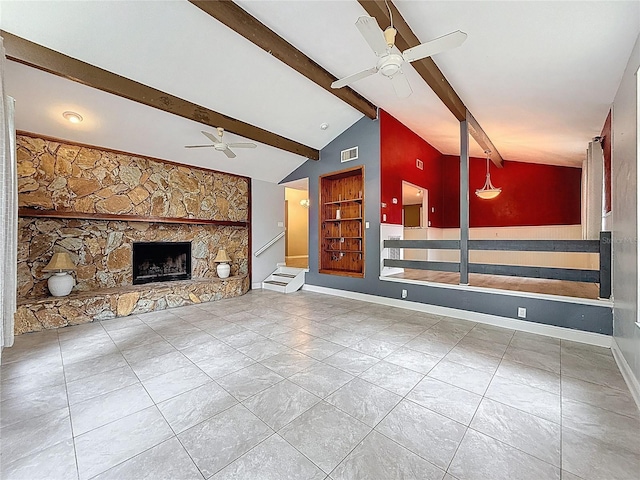 7119 Lenape Cir, New Port Richey, FL 34653 - unfurnished living room with a ceiling fan, a fireplace, stairway, baseboards, and built in shelves