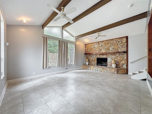 7119 Lenape Cir, New Port Richey, FL 34653 - unfurnished living room with a ceiling fan, tile patterned floors, baseboards, and a fireplace