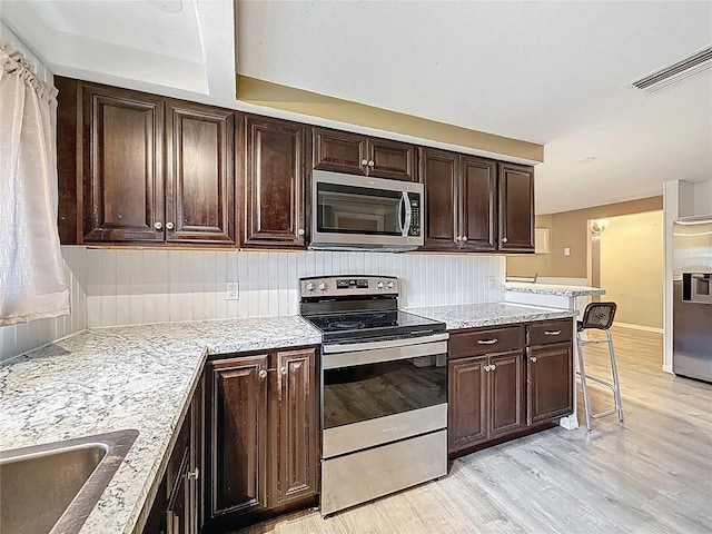 7119 Lenape Cir, New Port Richey, FL 34653 - kitchen with appliances with stainless steel finishes, light wood-type flooring, a breakfast bar area, dark brown cabinetry, and a sink