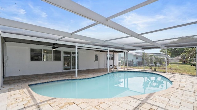 1024 Spindle Palm Way, Apollo Beach, FL 33572 - swimming pool featuring a ceiling fan, a patio area, and a lanai