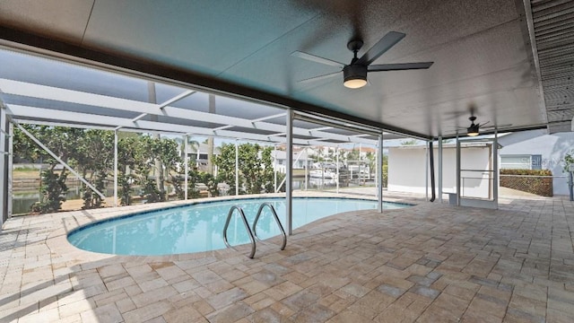 1024 Spindle Palm Way, Apollo Beach, FL 33572 - swimming pool featuring a patio, a ceiling fan, and a lanai