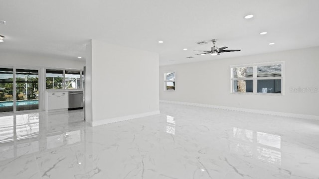 1024 Spindle Palm Way, Apollo Beach, FL 33572 - unfurnished living room with recessed lighting, baseboards, marble finish floors, and a ceiling fan