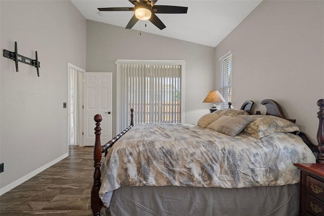 1862 Wood Bend St, Tarpon Springs, FL 34689 - bedroom featuring lofted ceiling, baseboards, wood finished floors, ceiling fan, and access to outside