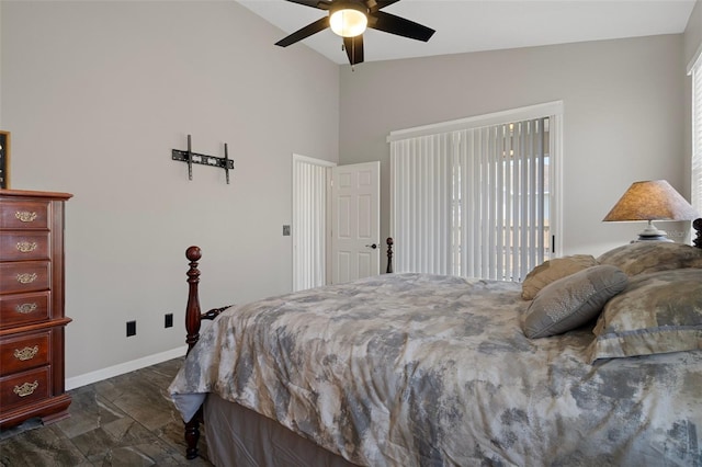 1862 Wood Bend St, Tarpon Springs, FL 34689 - bedroom featuring baseboards, ceiling fan, high vaulted ceiling, and access to exterior