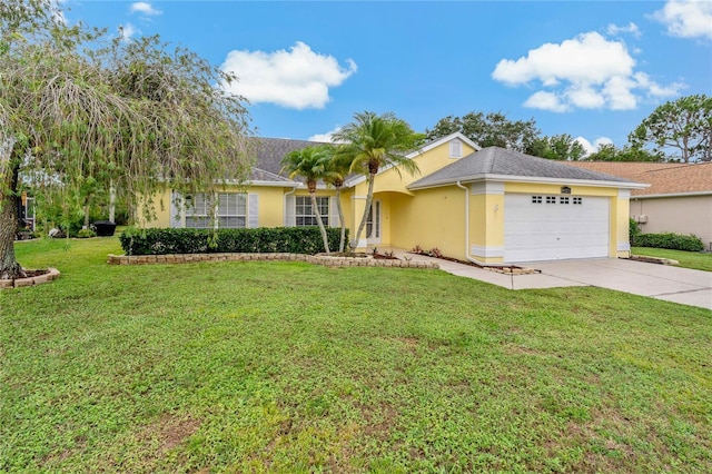 4125 Mc Clung Dr, New Port Richey, FL 34653 - ranch-style house featuring stucco siding, concrete driveway, a garage, and a front yard