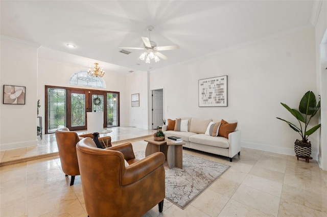 1471 N Jasmine Ave, Tarpon Springs, FL 34689 - living room with ornamental molding, baseboards, a chandelier, ceiling fan, and recessed lighting