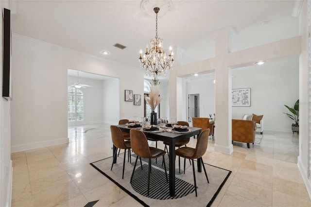 1471 N Jasmine Ave, Tarpon Springs, FL 34689 - dining space with crown molding, baseboards, a chandelier, a ceiling fan, and recessed lighting
