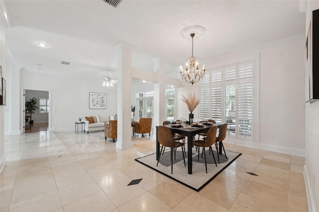 1471 N Jasmine Ave, Tarpon Springs, FL 34689 - dining space featuring a ceiling fan, ornamental molding, a chandelier, baseboards, and recessed lighting