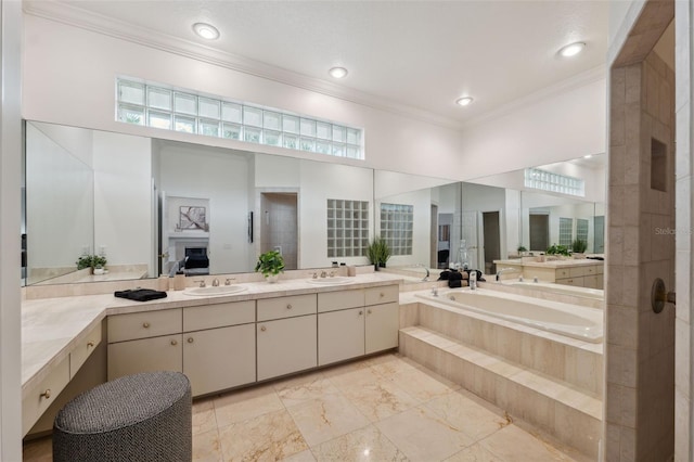 1471 N Jasmine Ave, Tarpon Springs, FL 34689 - full bathroom with a garden tub, ornamental molding, vanity, tiled shower, and recessed lighting
