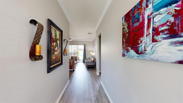 22316 Red Jacket Ln, Land O Lakes, FL 34639 - hallway featuring crown molding, wood finished floors, and baseboards