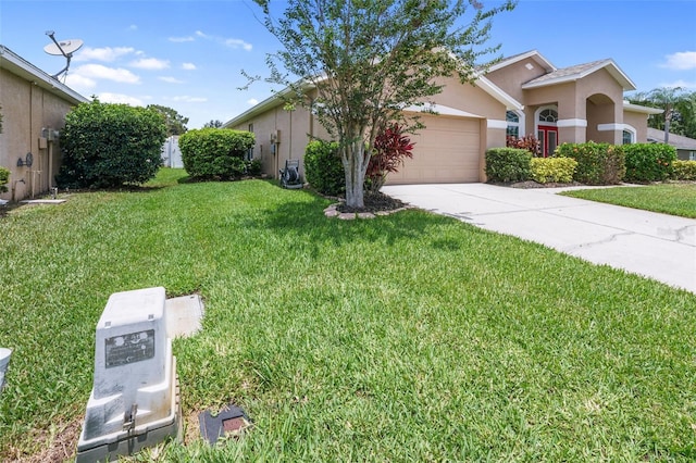 22316 Red Jacket Ln, Land O Lakes, FL 34639 - obstructed view of property featuring stucco siding, concrete driveway, a front lawn, and an attached garage