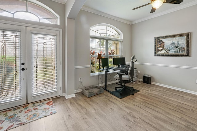 22316 Red Jacket Ln, Land O Lakes, FL 34639 - office featuring ceiling fan, wood finished floors, french doors, ornamental molding, and baseboards