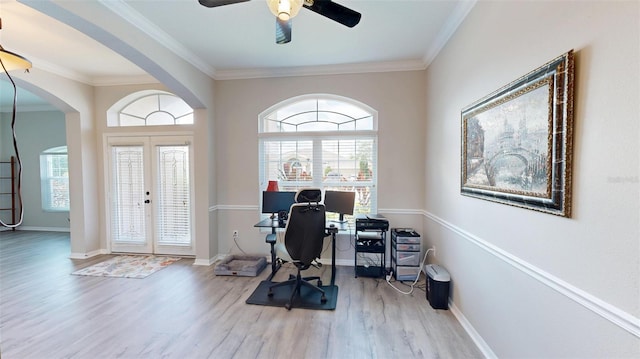 22316 Red Jacket Ln, Land O Lakes, FL 34639 - office space with arched walkways, wood finished floors, healthy amount of natural light, a ceiling fan, and crown molding