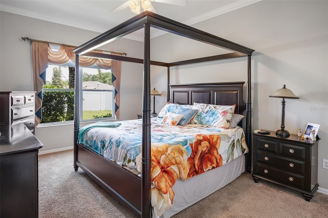 22316 Red Jacket Ln, Land O Lakes, FL 34639 - bedroom featuring light colored carpet, baseboards, ornamental molding, and ceiling fan