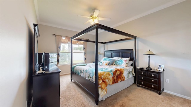 22316 Red Jacket Ln, Land O Lakes, FL 34639 - carpeted bedroom with baseboards, a ceiling fan, and crown molding