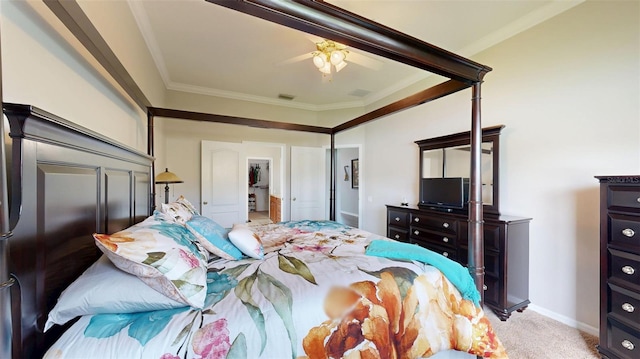 22316 Red Jacket Ln, Land O Lakes, FL 34639 - bedroom with crown molding, light colored carpet, baseboards, and a ceiling fan
