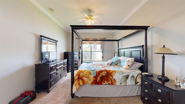 22316 Red Jacket Ln, Land O Lakes, FL 34639 - bedroom with light colored carpet, ornamental molding, and ceiling fan