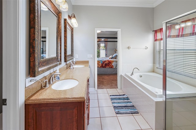 22316 Red Jacket Ln, Land O Lakes, FL 34639 - full bathroom featuring connected bathroom, double vanity, tile patterned flooring, a bath, and ornamental molding