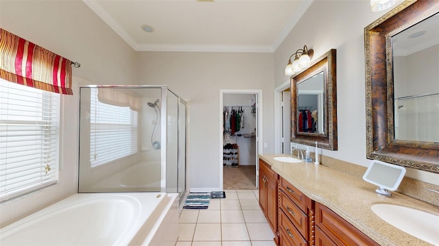 22316 Red Jacket Ln, Land O Lakes, FL 34639 - full bath with a shower stall, a spacious closet, double vanity, a garden tub, and ornamental molding