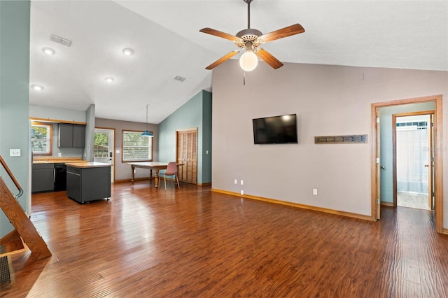 10844 W Yulee Dr, Homosassa, FL 34448 - living room featuring dark wood-style flooring, ceiling fan, high vaulted ceiling, and recessed lighting