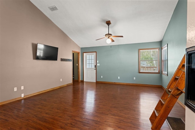 10844 W Yulee Dr, Homosassa, FL 34448 - unfurnished living room with ceiling fan, lofted ceiling, and wood finished floors