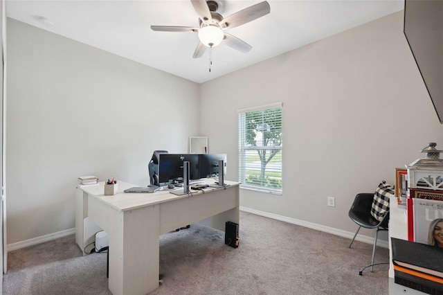 12313 Criollo Rd, Spring Hill, FL 34610 - office area featuring light colored carpet, ceiling fan, and baseboards