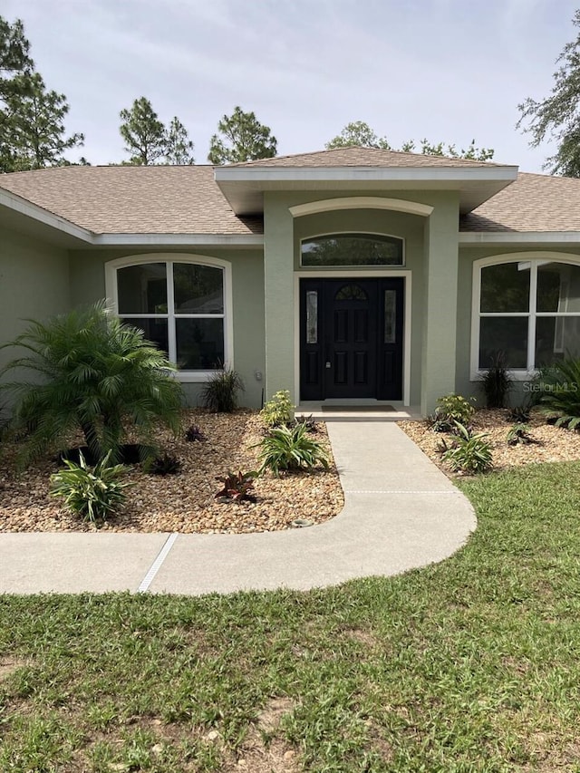 2543 E Marcia St, Inverness, FL 34453 - doorway to property featuring roof with shingles, stucco siding, and a lawn