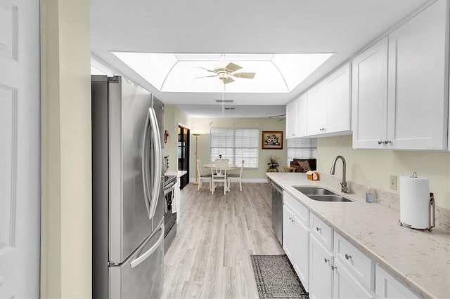 4841 Wakefield Ct Unit 4841, New Port Richey, FL 34655 - kitchen featuring stainless steel appliances, a sink, ceiling fan, white cabinets, and light wood-style floors