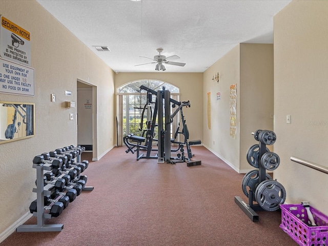 13922 Talmage Loop, Hudson, FL 34667 - exercise room featuring ceiling fan, baseboards, a textured ceiling, and carpet floors