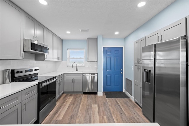 4939 Floramar Ter Unit 611, New Port Richey, FL 34652 - kitchen featuring stainless steel appliances, gray cabinets, a sink, light wood finished floors, and light countertops