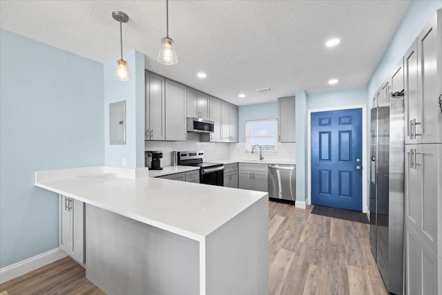 4939 Floramar Ter Unit 611, New Port Richey, FL 34652 - kitchen with stainless steel appliances, a peninsula, gray cabinetry, light wood-type flooring, and electric panel