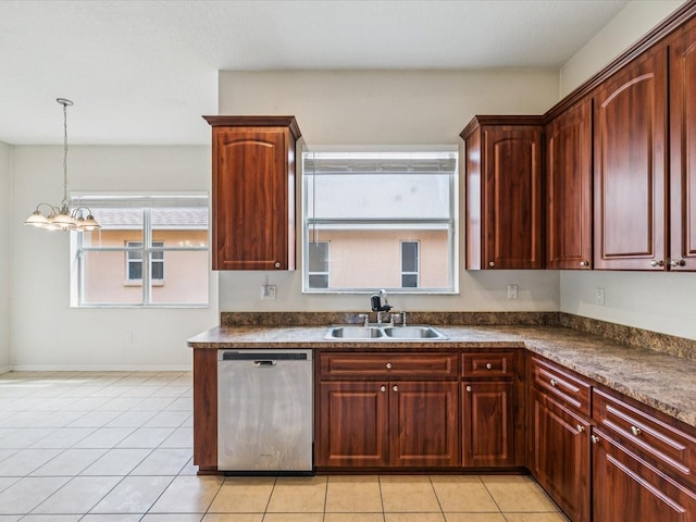 4266 High Ridge Ave, Spring Hill, FL 34609 - kitchen with dishwasher, a sink, dark countertops, light tile patterned floors, and a chandelier