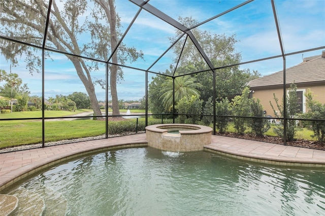 10531 Pontofino Cir, Trinity, FL 34655 - view of pool featuring glass enclosure, a lawn, a pool with connected hot tub, and a water view