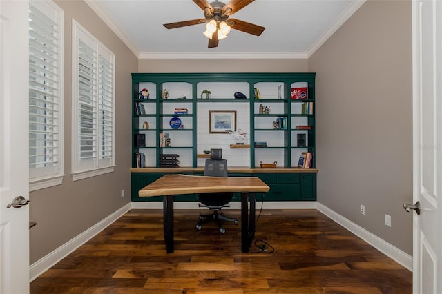 10531 Pontofino Cir, Trinity, FL 34655 - office featuring ceiling fan, dark wood finished floors, ornamental molding, and baseboards