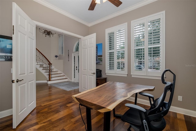 10531 Pontofino Cir, Trinity, FL 34655 - office area featuring baseboards, ornamental molding, wood finished floors, and ceiling fan