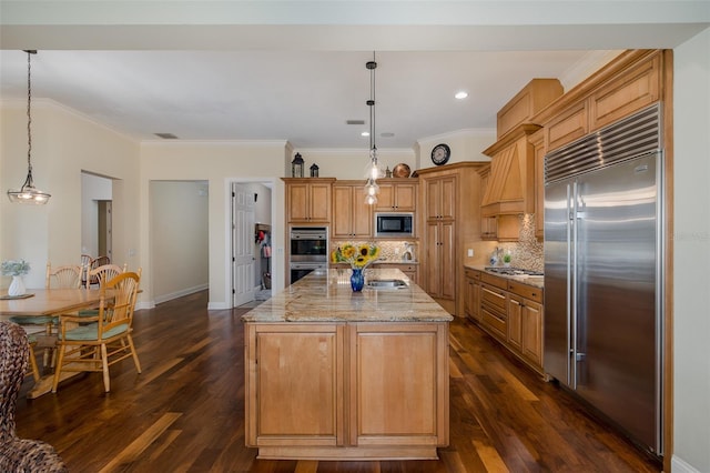 10531 Pontofino Cir, Trinity, FL 34655 - kitchen featuring built in appliances, dark wood-style floors, tasteful backsplash, light stone counters, and ornamental molding