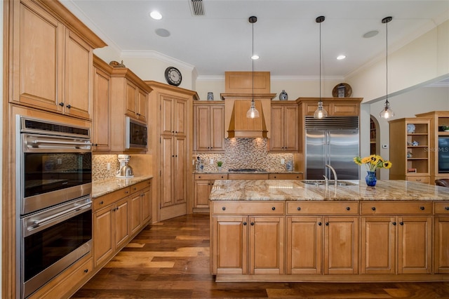 10531 Pontofino Cir, Trinity, FL 34655 - kitchen featuring built in appliances, a sink, decorative backsplash, dark wood finished floors, and light stone countertops