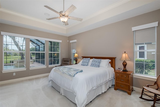 10531 Pontofino Cir, Trinity, FL 34655 - bedroom featuring baseboards, light carpet, crown molding, multiple windows, and ceiling fan