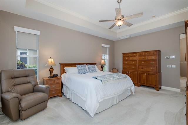 10531 Pontofino Cir, Trinity, FL 34655 - bedroom featuring light carpet, ornamental molding, a raised ceiling, baseboards, and a ceiling fan