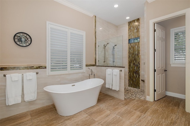 10531 Pontofino Cir, Trinity, FL 34655 - bathroom featuring a walk in shower, a soaking tub, tile walls, and recessed lighting